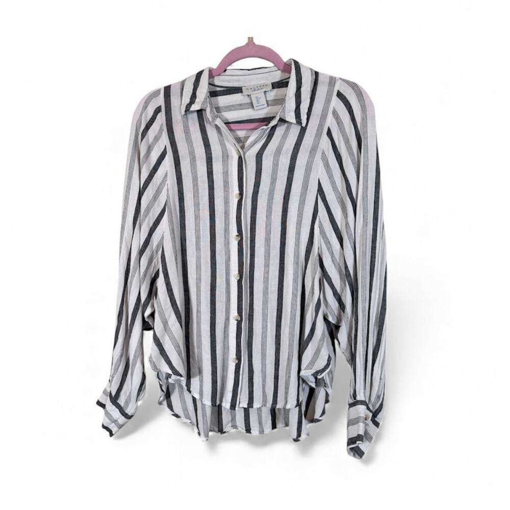 Calypso St Barth Grey White Linen Button Down Shirt Womens L Classic Beachy Top